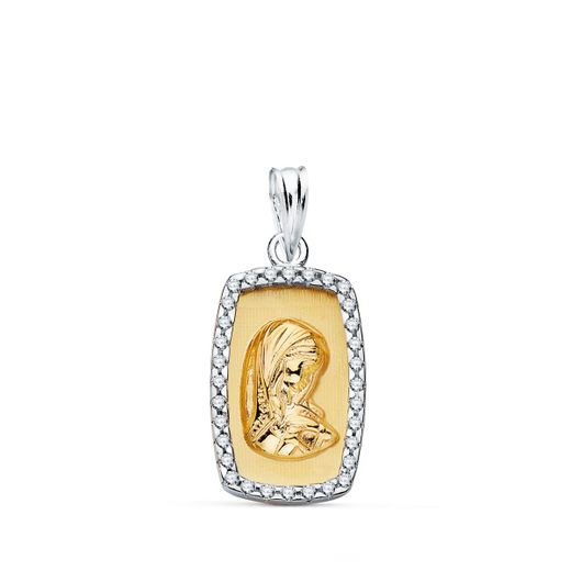 18K Colgante Oro Bicolor Virgen Niña Con Cerco Y Circonita 18X12 Mm