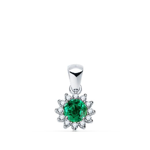 18K Colgante Oro Blanco Esmeralda 5 Mm 0,48 Qt. 12 Diamantes 0,170 Qts. Vs2-G. 9 Mm
