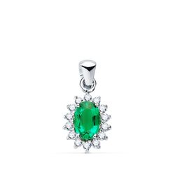 18K Colgante Oro Blanco Esmeralda 6X4 Mm 0,39 Qt. 14 Diamantes 0,14 Qts. Vs2-G. 9,5X8 Mm