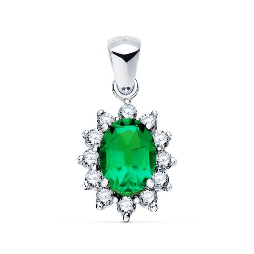 18K Colgante Oro Blanco Esmeralda 7X5 Mm 0,75 Qt. 12 Diamantes 0,35 Qts. Si-H. 11,5X9,5Mm
