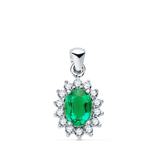 18K Colgante Oro Blanco Esmeralda 8X6 Mm 1,10 Qt. 14 Diamantes 0,42 Qts. Vs2-G. 12,5X11 Mm
