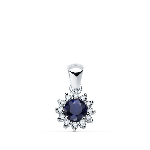 18K Colgante Oro Blanco Zafiro 5 Mm 0,56 Qt. 12 Diamantes 0,170 Qts. Vs2-G. 9 Mm