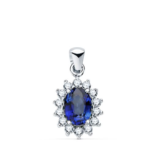 18K Colgante Oro Blanco Zafiro 8X6 Mm 1,63 Qt. 14 Diamantes 0,42 Qts Vs2-G.. 12,5X11 Mm