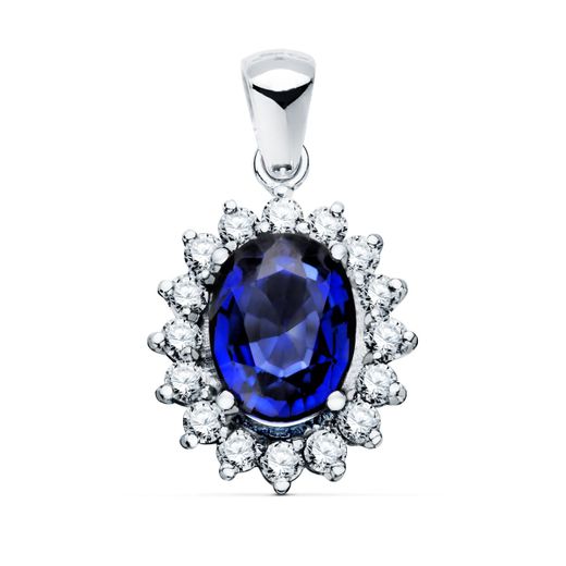 18K Colgante Oro Blanco Zafiro 9X7 Mm 2,47 Qt. 16 Diamantes 0,52 Qts. Vs2-G. 14X12 Mm