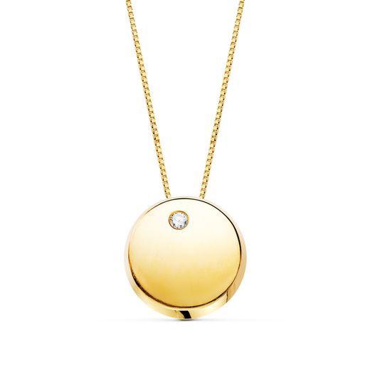 18K Colgante Redondo Circonita Oro Amarillo Cadena 42Cm