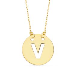 18K Colganteoro Amarillo Letra " V " 15 Mm Cadena Forzada 42Cm