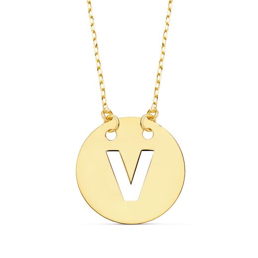 18K Colganteoro Amarillo Letra " V " 15 Mm Cadena Forzada 42Cm