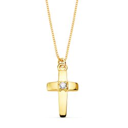 18K Collar Oro Amarillo Cruz 12X7 Mm 1 Diamante 0,015 Qt. Cadena Veneciana 45Cm G-Vs2