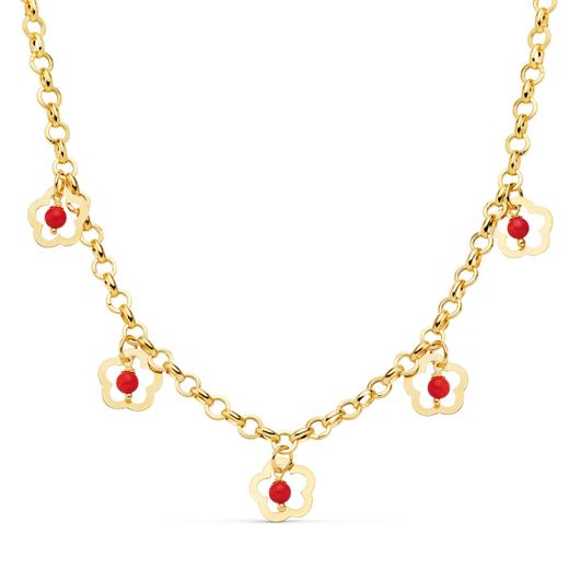 18K Collar Oro Amarillo Flores 12 Mm Coral Cadena 50Cm