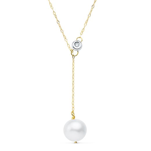 18K Collar Oro Bicolor Perla 12 Mm Cadena 45Cm Chaton 5Mm. Diamante 0,020 Qts G-Vs2. Perla 11Mm