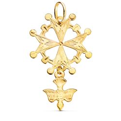 18K Cruz De Huguenotte Oro Amarillo Con Paloma. 40 X 25 Mm