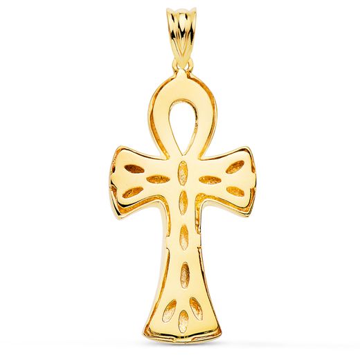 18K Cruz De La Vida Egipcia Oro Amarillo Brillo 34 X 18 Mm