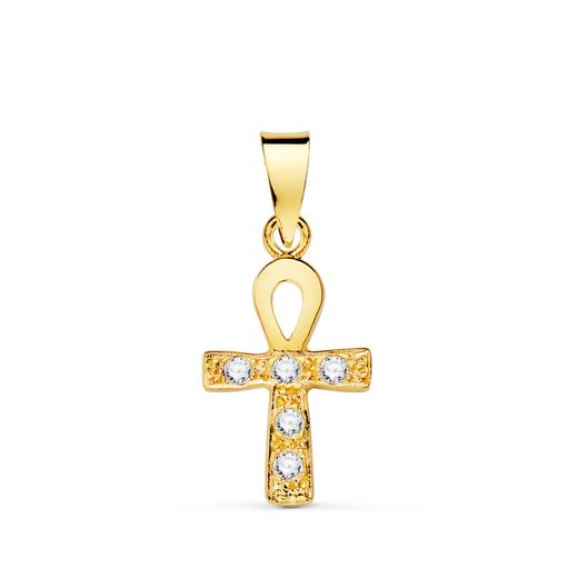 18K Cruz De La Vida Oro Amarillo Con Circonita Blancas. 14 X 10 Mm