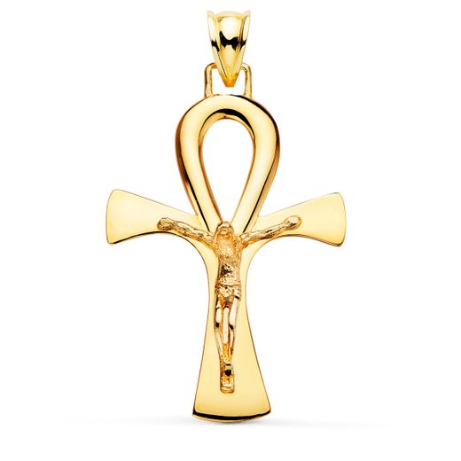 18K Cruz De La Vida Oro Amarillo Con Cristo En Brillo 36 X 23 Mm