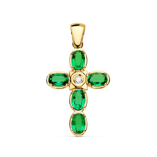 18K Cruz Oro Amarillo Brillante 0.065 Qts. 30X21 Mm Esmeraldas 7X5 Mm 3.75 Qts