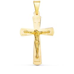 18K Cruz Oro Amarillo Brillo Y Mate Con Cristo 32X20 Mm