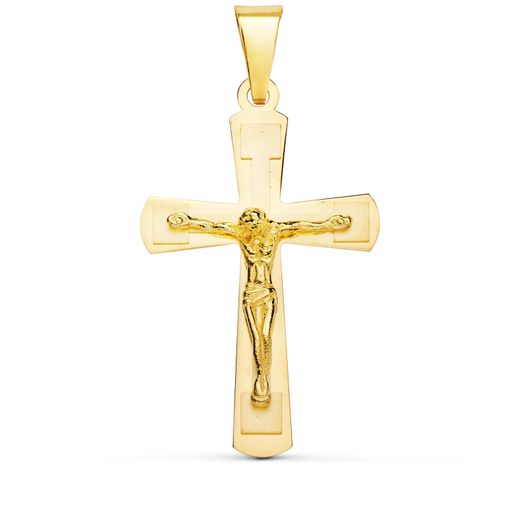 18K Cruz Oro Amarillo Brillo Y Mate Con Cristo 32X20 Mm