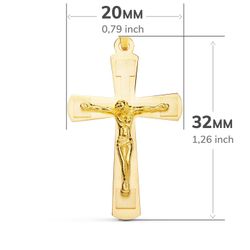 18K Cruz Oro Amarillo Brillo Y Mate Con Cristo 32X20 Mm