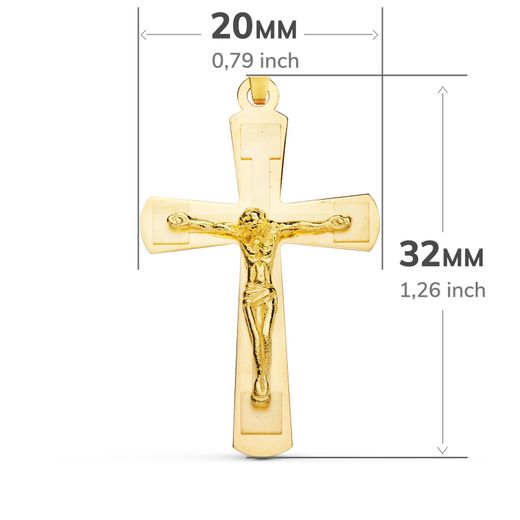 18K Cruz Oro Amarillo Brillo Y Mate Con Cristo 32X20 Mm