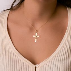 18K Cruz Oro Amarillo Brillo Y Mate Con Cristo 32X20 Mm