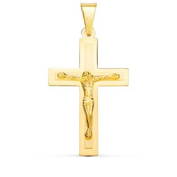 18K Cruz Oro Amarillo Brillo Y Mate Con Cristo 32X20 Mm