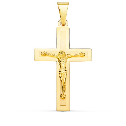 18K Cruz Oro Amarillo Brillo Y Mate Con Cristo 32X20 Mm