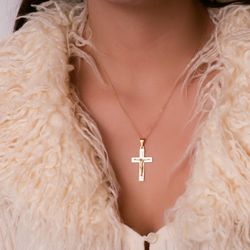 18K Cruz Oro Amarillo Brillo Y Mate Con Cristo 32X20 Mm