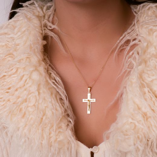 18K Cruz Oro Amarillo Brillo Y Mate Con Cristo 32X20 Mm