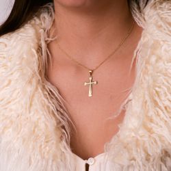 18K Cruz Oro Amarillo Brillo Y Mate Sin Cristo 33X20 Mm