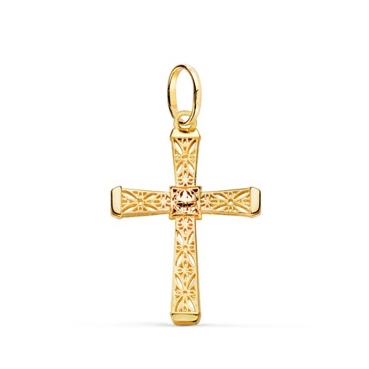 18K Cruz Oro Amarillo Calada Detalles Filigrana. Medida: 24 X 16 Mm
