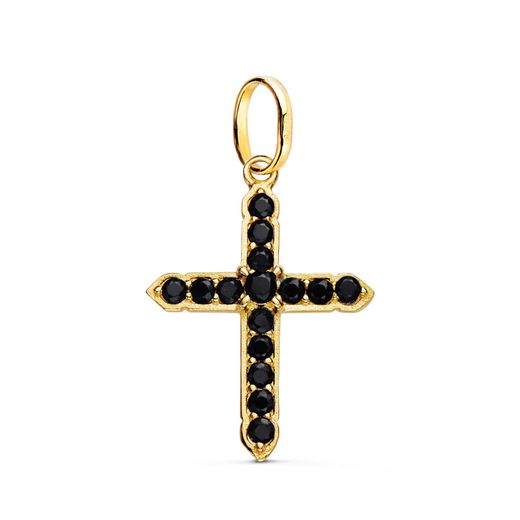 18K Cruz Oro Amarillo Con 15 Circonita Negras En Garras. 24 X 18 Mm