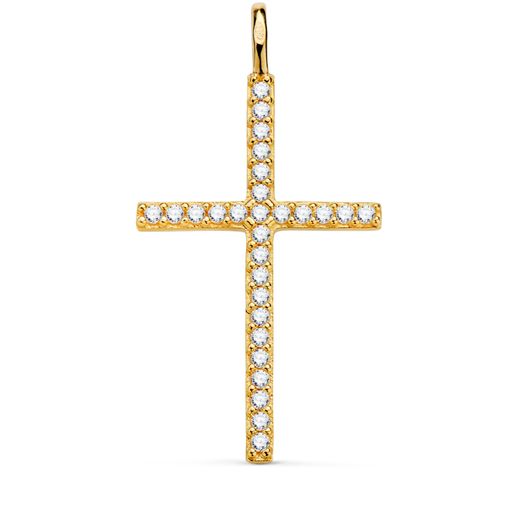 18K Cruz Oro Amarillo Con Circonita Blancas 37 X 19 Mm. Anilla Fija