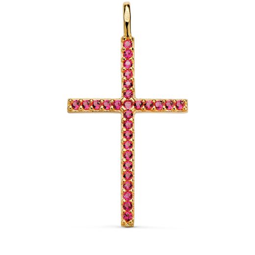 18K Cruz Oro Amarillo Con Circonita Rojas 37 X 19 Mm. Anilla Fija