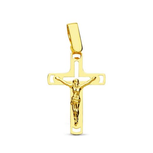 18K Cruz Oro Amarillo Con Cristo Calada Laser