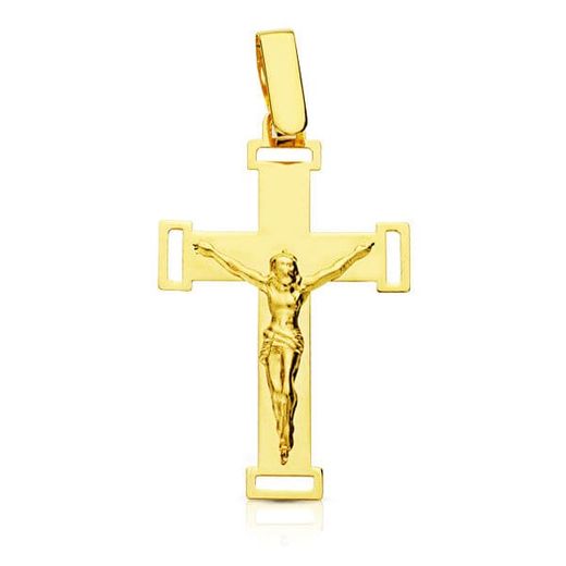 18K Cruz Oro Amarillo Con Cristo Grande Calada Laser