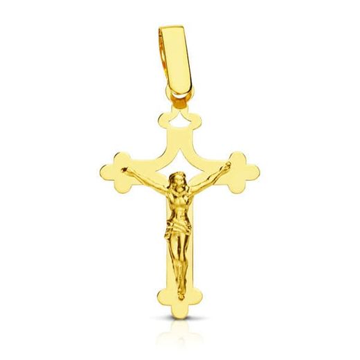 18K Cruz Oro Amarillo Con Cristo Grande Calada Laser