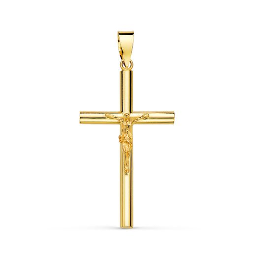 18K Cruz Oro Amarillo Con Cristo Hueca Tubo 2.2 Mm. 29X17 Mm