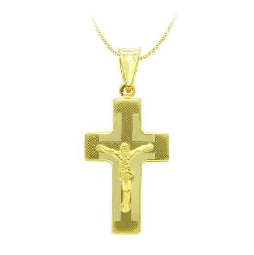 18K Cruz Oro Amarillo Con Cristo Laser Hueca 27X15 Mm