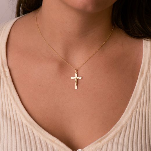 18K Cruz Oro Amarillo Con Cristo Plana Laser 25X16 Mm