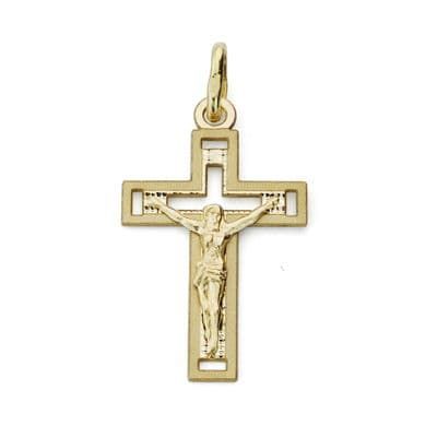 18K Cruz Oro Amarillo Con Cristo Tallada 22X13 Mm