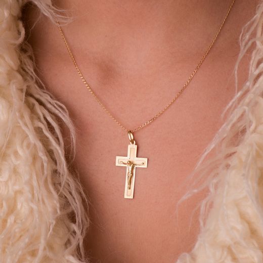 18K Cruz Oro Amarillo Con Cristo Tallada 35X20 Mm