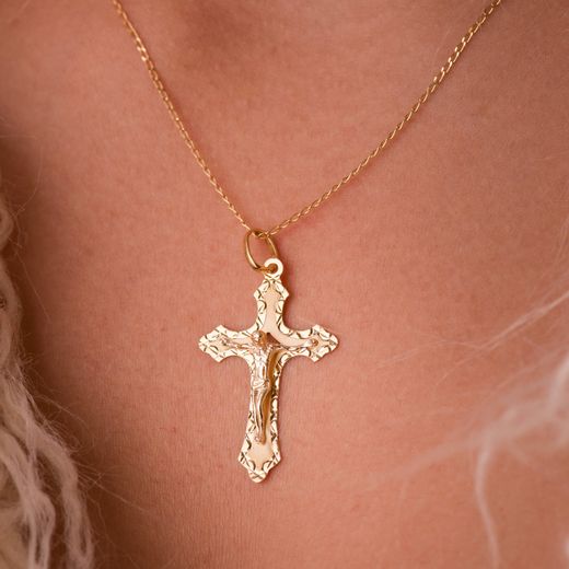 18K Cruz Oro Amarillo Con Cristo Tallada 35X22 Mm