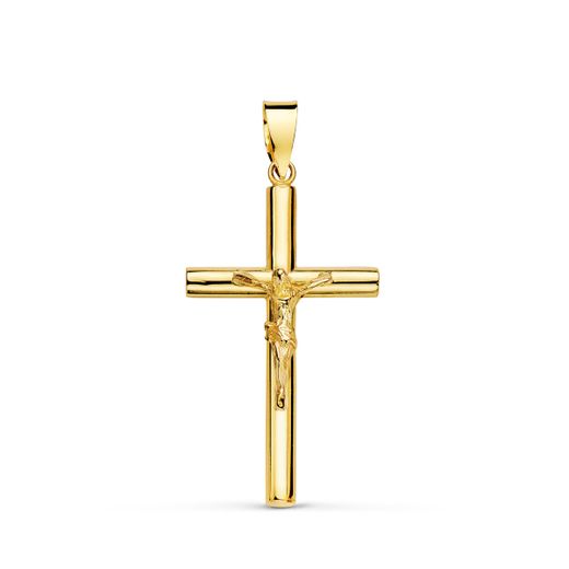18K Cruz Oro Amarillo Con Cristo Tubo Hueco. 26 X 15 X 2,5 Mm