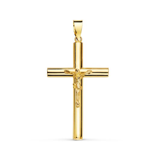 18K Cruz Oro Amarillo Con Cristo Tubo Hueco. 30 X 18 X 3 Mm