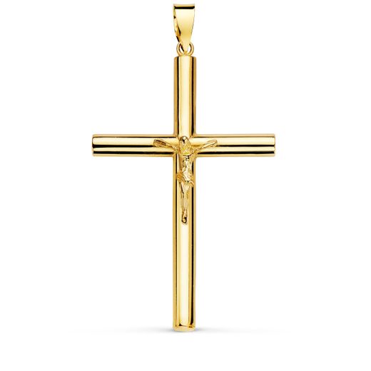 18K Cruz Oro Amarillo Con Cristo Tubo Hueco. 35 X 23 X 3 Mm