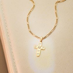 18K Cruz Oro Amarillo Con Nacar Y Circonita 20 X 13 Mm