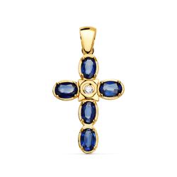 18K Cruz Oro Amarillo Diamante 0.045 Qts. Zafiros Difusion 6X4 Mm 3.10 Qts. Vs2-G 28X19 Mm
