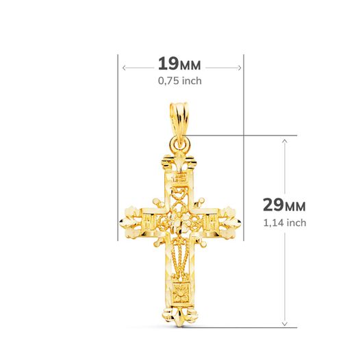 18K Cruz Oro Amarillo Filigrana Bordes Tallados. 29X19 Mm