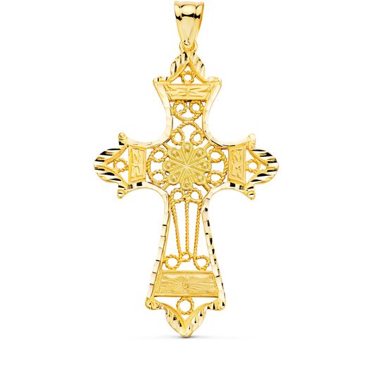 18K Cruz Oro Amarillo Filigrana Bordes Tallados. 60X37 Mm