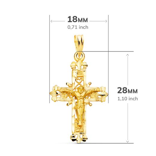 18K Cruz Oro Amarillo Filigrana Con Cristo Tallada 28X18 Mm